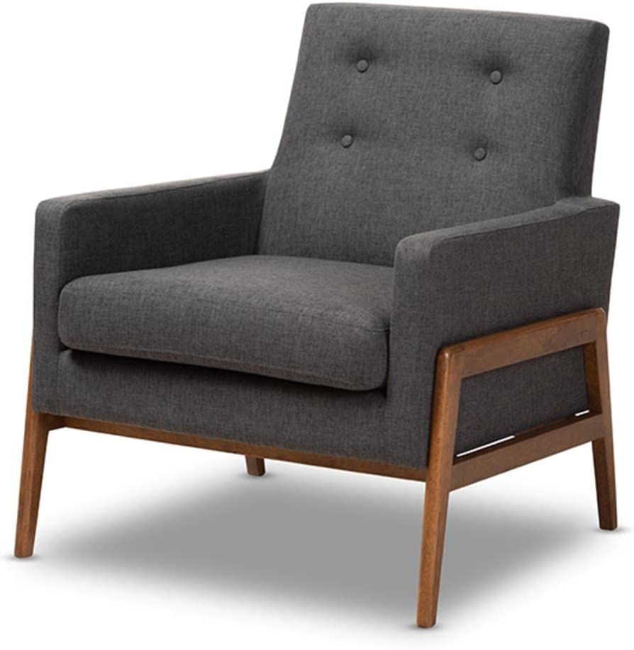 Baxton Studio Perris Mid-Century Modern Dark Grey Fabric Upholstered Walnut Wood Lounge Chair