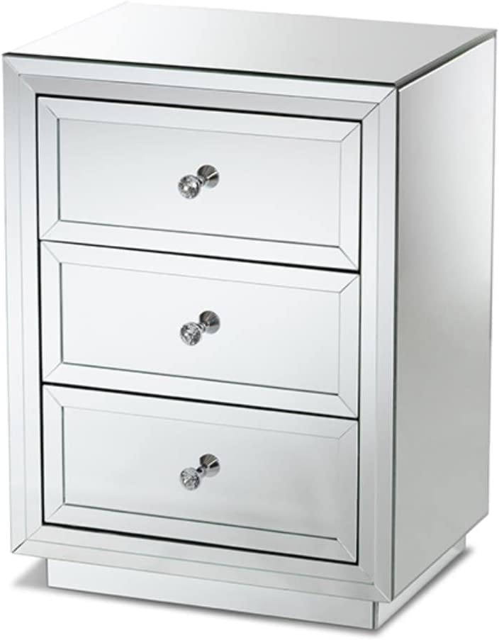 Baxton Studio Lina Modern and Contemporary Hollywood Regency Glamour Style Mirrored 3-Drawer Nightstand Bedside Table