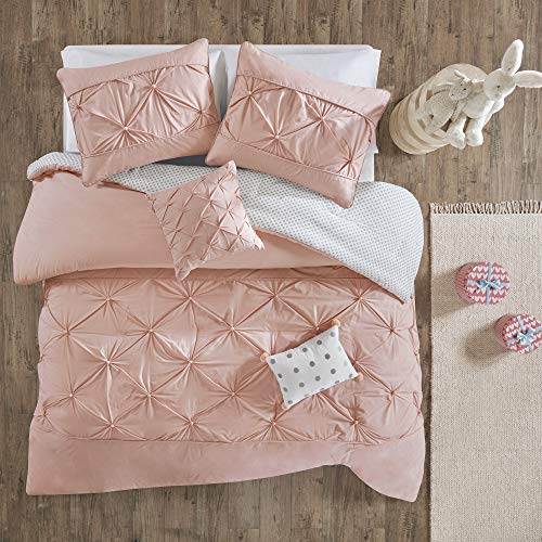 Urban Habitat Kids Aurora Duvet Cover 100% Cotton Tufted Accent Stripe Poms with Polka Dot Reverse Soft Corner Ties Buttoned with Shams All Season Bedding-Set, Full/Queen, Blush