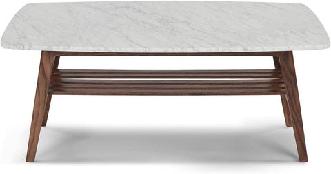 Bianco Modern Decorative Laura Italian Carrara White Marble Coffee Table with Walnut Shelf for Living Room, Bedroom &amp; Dining Room - 43&#34;, Rectangular