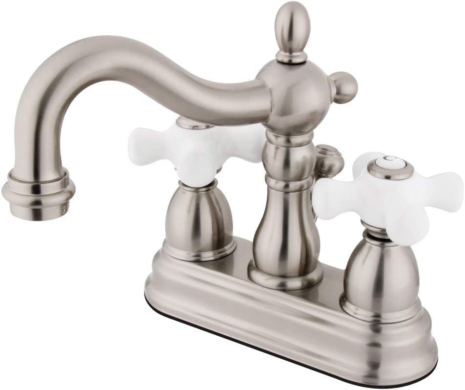 Kingston Brass KB1604PX Heritage 4-Inch Centerset Lavatory Faucet with Porcelain Cross Handle, Polished Chrome and Polished Brass