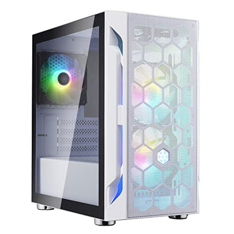 WhiteMesh plastic bezelSteel body black internalM-ATX23.5 inch internal 22.5 inch internal2 front ARGB 120mm fan 2top 120mm fan slot 1 rear ARGB 120mm fan 2120mm internal fan slot1 USB 3.0 2 USB 2 0 1Audio 1MicSupport ATX PSU320mm