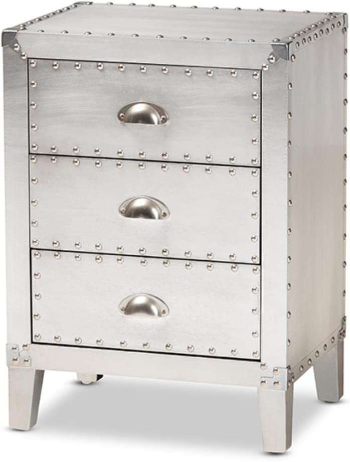 Baxton Studio Claude French Industrial Silver Metal 3-Drawer Nightstand