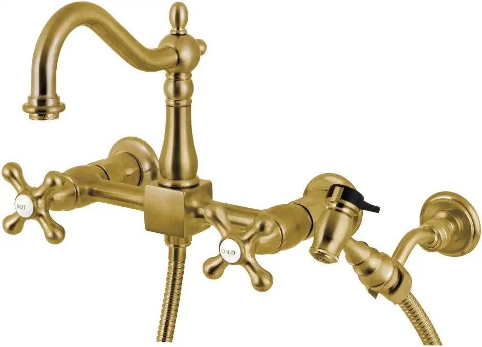 Kingston Brass KS1267AXBS Heritage 8-Inch Centerset Wall Mount Kitchen Faucet with Brass Sprayer, Brushed Brass