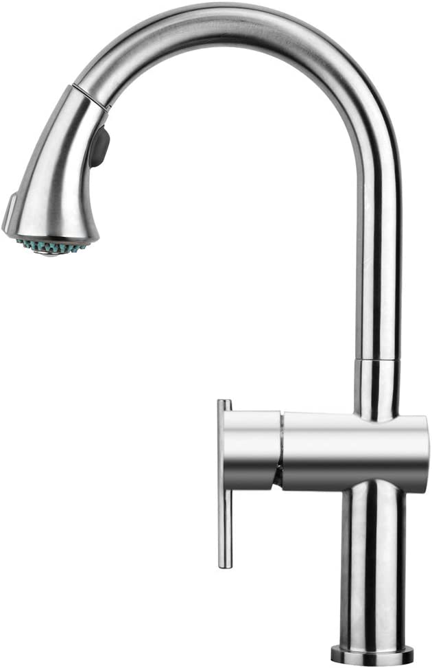 Whitehaus Collection WHS1971-SK-BSS Lead Free, Solid Stainless Steel Single-Hole Faucet with Gooseneck Swivel Spout and Pull Down Spray Head, Brushed Stainless Steel