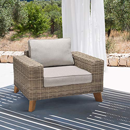 ARMEN LIVING LCBACHBR Bahamas Outdoor Wicker &amp; Teak Wood Lounge Chair with Beige Olefin