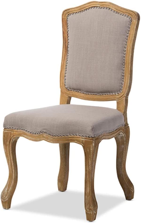 Baxton Studio Chateauneuf French Vintage Cottage Weathered Oak Linen Upholstered Dining Side Chair, Medium, Beige