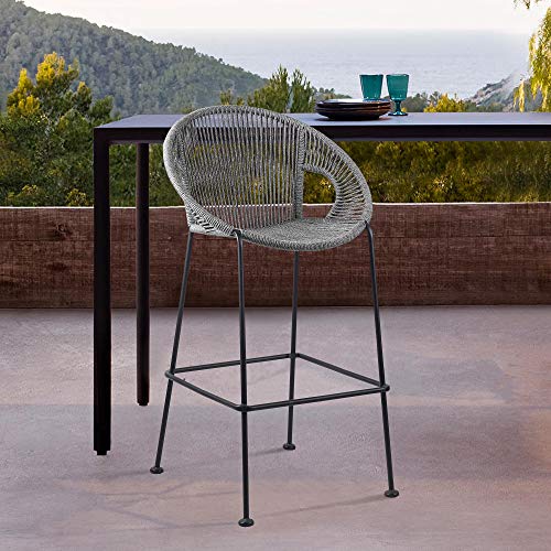 Armen Living Acapulco 26" Indoor Outdoor Steel Bar Stool with Grey Rope