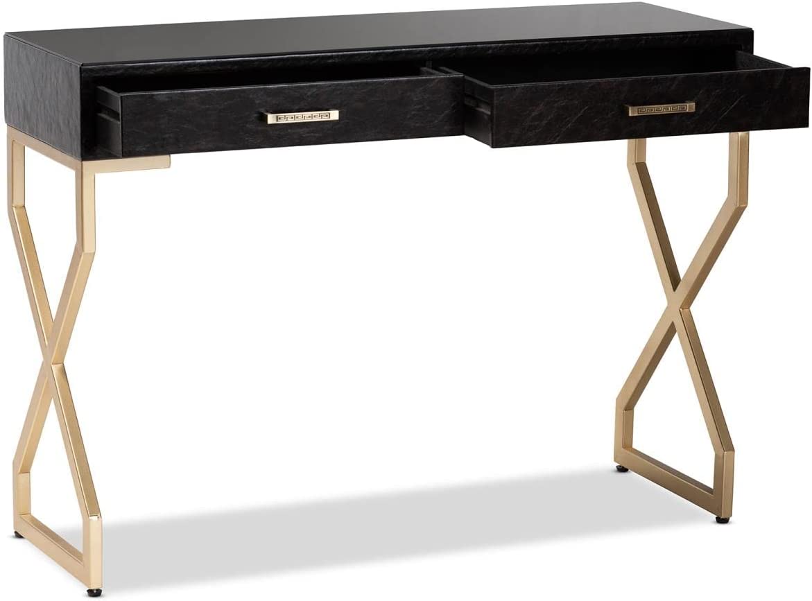 Baxton Studio Carville Modern and Contemporary Dark Brown Faux Leather Upholstered Gold Finished 2-Drawer Console Table