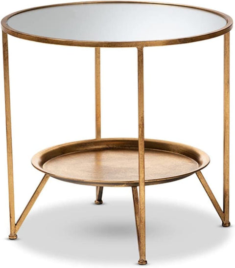 Baxton Studio Tamsin Modern and Contemporary Antique Gold Finished Metal and Mirrored Glass Accent Table with Tray Shelf