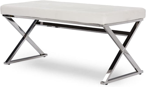 Baxton Studio Wholesale Interiors Herald Modern and Contemporary Faux Leather Upholstered Rectangle Bench, Stainless Steel and White
