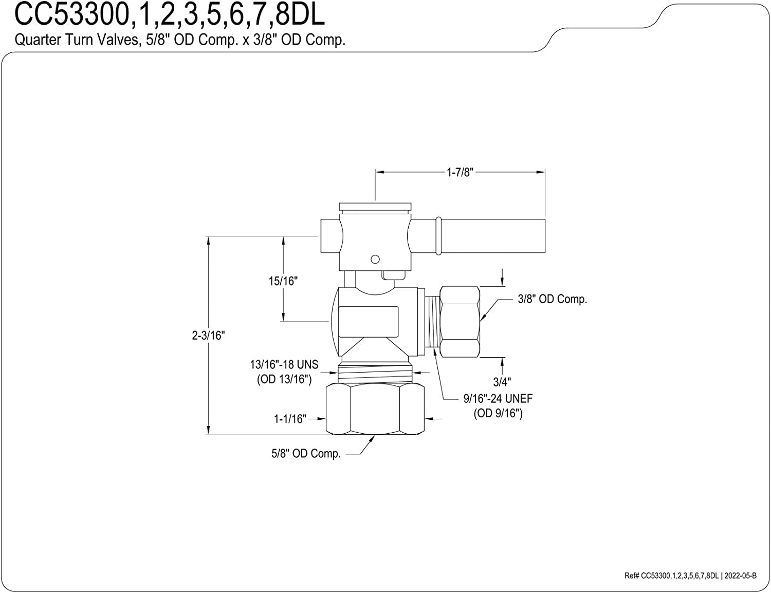 Kingston Brass CC53300DL Concord 5/8-Inch X 3/8-Inch OD Compression Quarter-Turn Angle Stop Valve, Matte Black