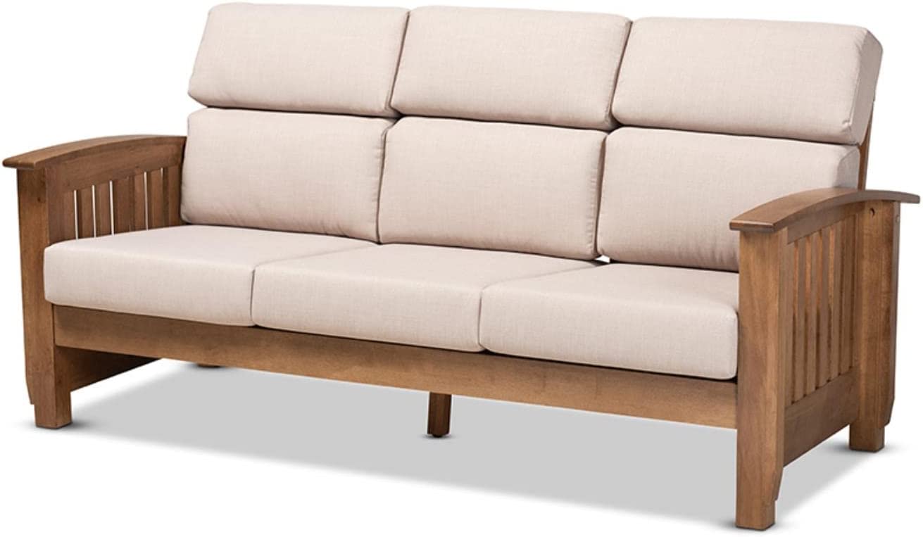 Baxton Studio Charlotte Modern Classic Mission Style Taupe Fabric Upholstered Walnut Brown Finished Wood 3-Seater Sofa