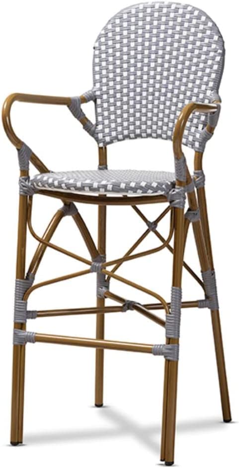 Baxton Studio Marguerite Classic French Indoor and Outdoor Grey and White Bamboo Style Bistro Stackable Bar Stool