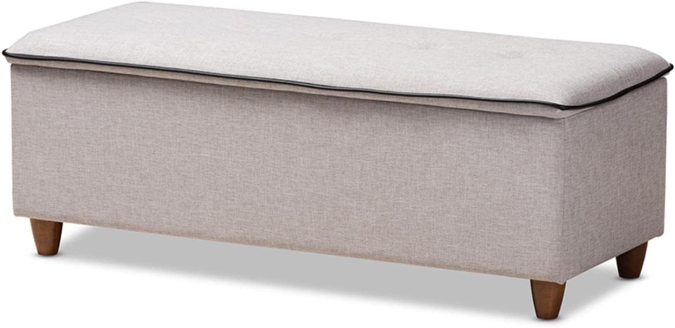 Baxton Studio Marlisa Mid-Century Modern Walnut Finished Wood and Greyish Beige Fabric Upholstered Button Tufted Storage Ottoman Bench