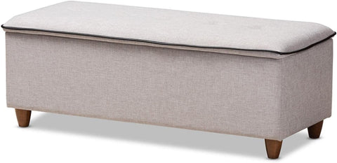 Baxton Studio Marlisa Mid-Century Modern Walnut Finished Wood and Greyish Beige Fabric Upholstered Button Tufted Storage Ottoman Bench