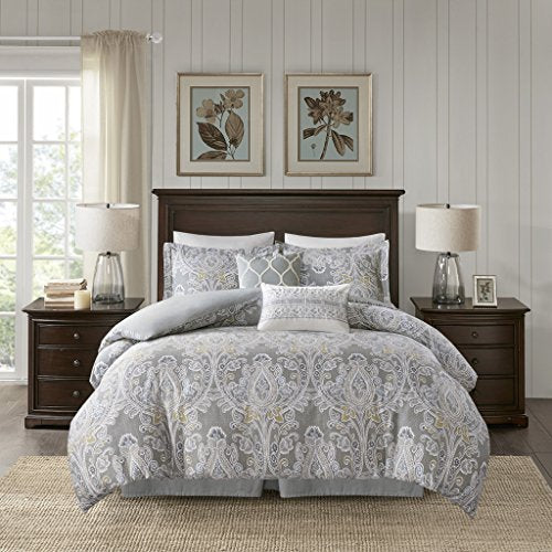 6 Piece Cotton Comforter Set1 Comforter:92W x 96L2 Standard Shams:20W x 26L + 2D (2)1 Bedskirt:60W x 80L + 15D2 Decorative Pillows:18W x 18L / 12W x 20LGreyHH10-1684