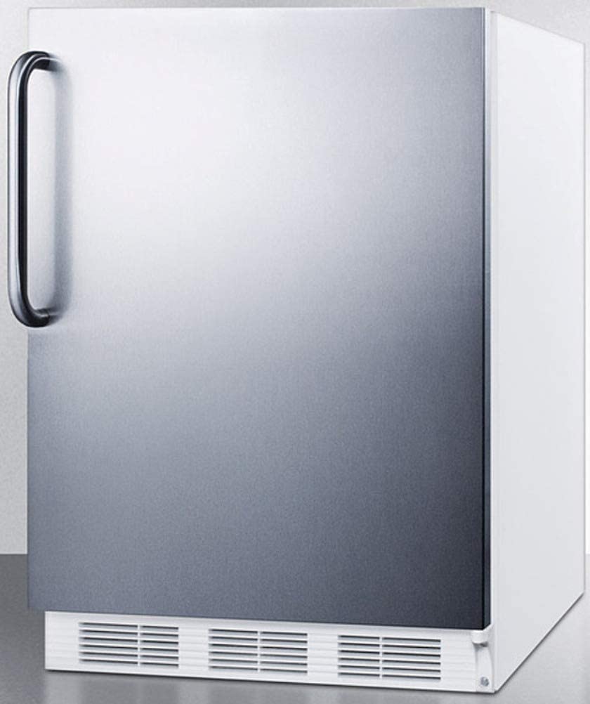 Summit Appliance CT661WSSTB Freestanding Counter Height Refrigerator-Freezer for Residential Use, Cycle Defrost with Stainless Steel Wrapped Door, Professional Towel Bar Handle and White Cabinet