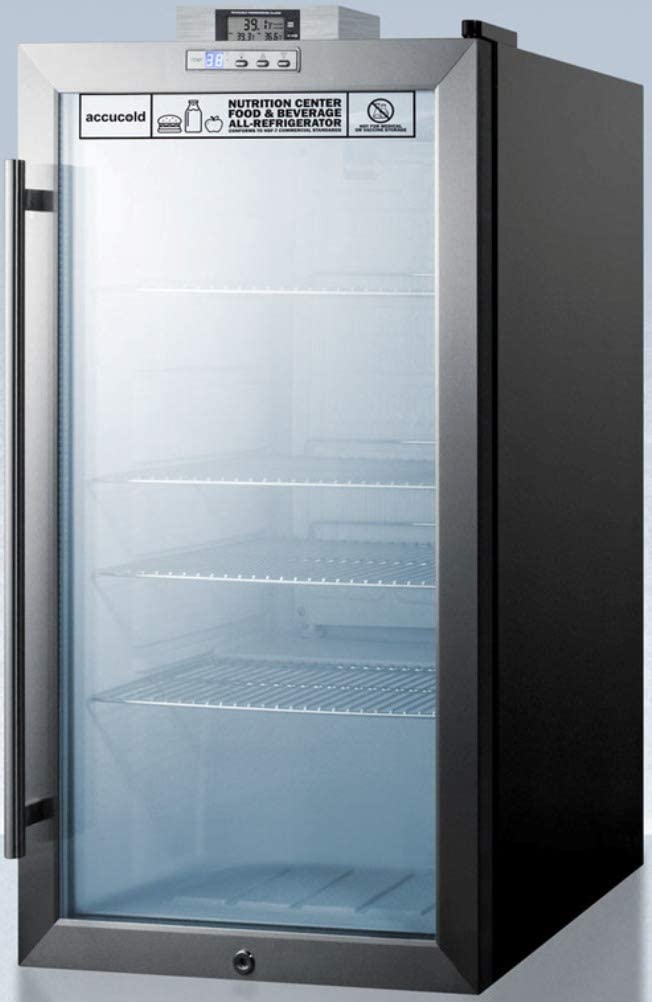 Summit Appliance SCR486LNZ Commercially Approved Nutrition Center Series Glass Door All-Refrigerator for Freestanding Use with Digital Temperature Display, Auto Defrost, Front Lock and Black Cabinet
