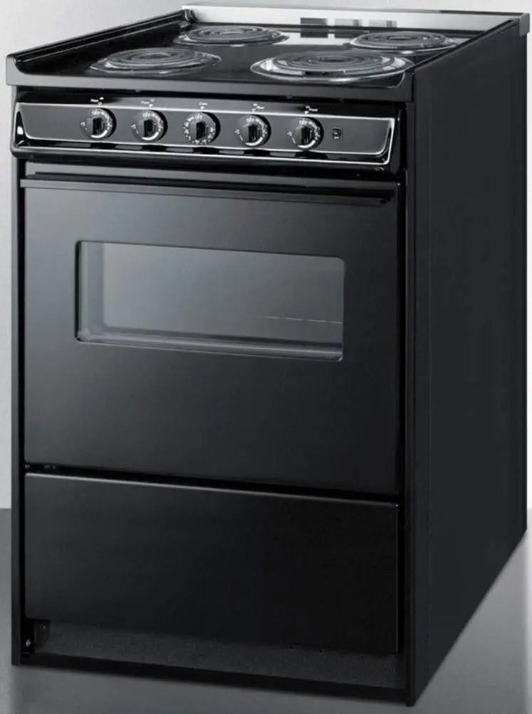 Summit Appliance TEM610CRW 24&#34; Wide Slide-in Electric Range in Black with Oven Window, Light, Lower Storage Compartment, Broiler Pan, Chrome Drip Pans, Recessed Oven Door, Push-to-turn Burner Knobs