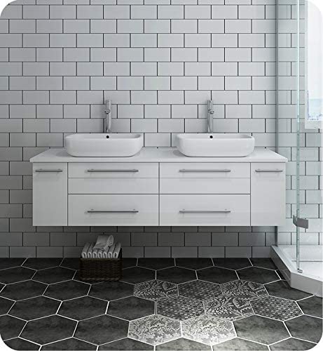 Fresca Lucera 60" White Wall Hung Modern Bathroom Cabinet w/Top & Double Vessel Sinks