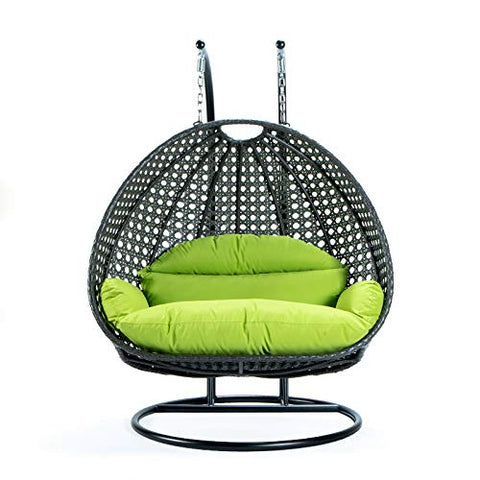 LeisureMod 2 Person Hanging Double Swing Chair, X-Large Wicker Rattan Egg Chair with Stand and Cushion for Indoor Outdoor Patio Garden (Red)