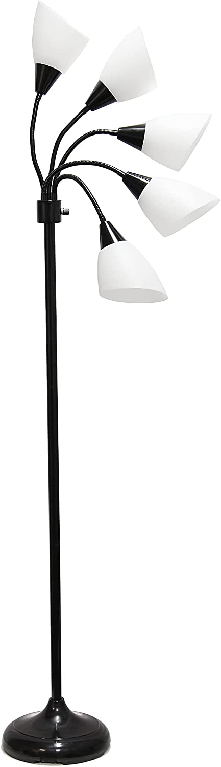 Simple Designs LF2006-BAW 67" Contemporary Multi Head Medusa 5 Light Adjustable Gooseneck Black Floor Lamp with White Shades for Kids Bedroom Playroom Living Room Office