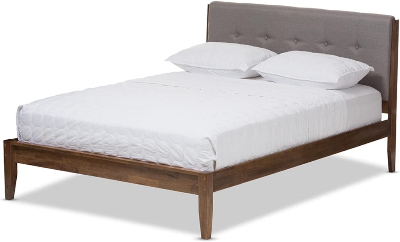 Baxton Studio Leyton Mid-Century Light Grey Fabric and Medium Brown Finish Wood Queen Size Platform Bed