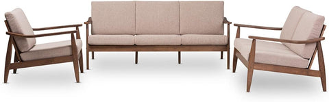 Baxton Studio Venza Mid-Century Modern Walnut Wood Light Brown Fabric Upholstered 3-Piece Livingroom Set