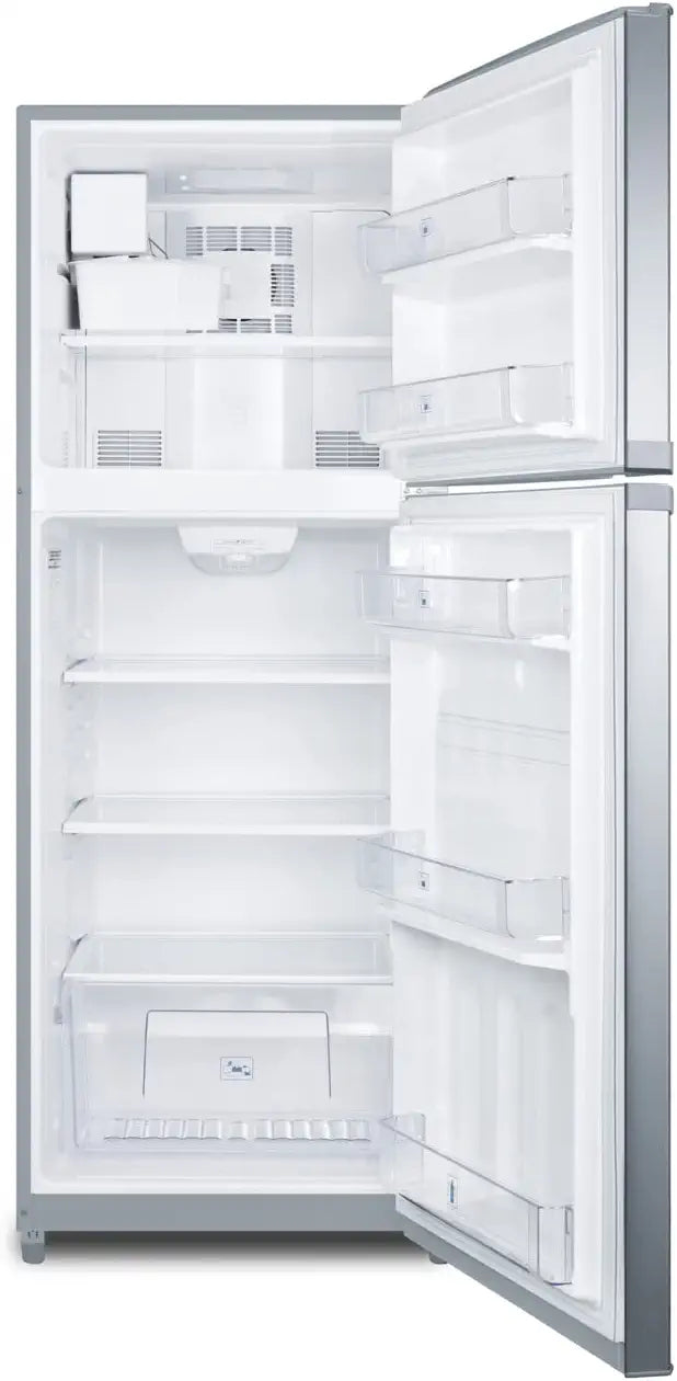 Summit FF1427SSIM 26 Top Freezer Refrigerator with 12.9 cu. ft. Capacity Adjustable Glass Shelves Reversible Doors Ice Maker in Stainless Steel
