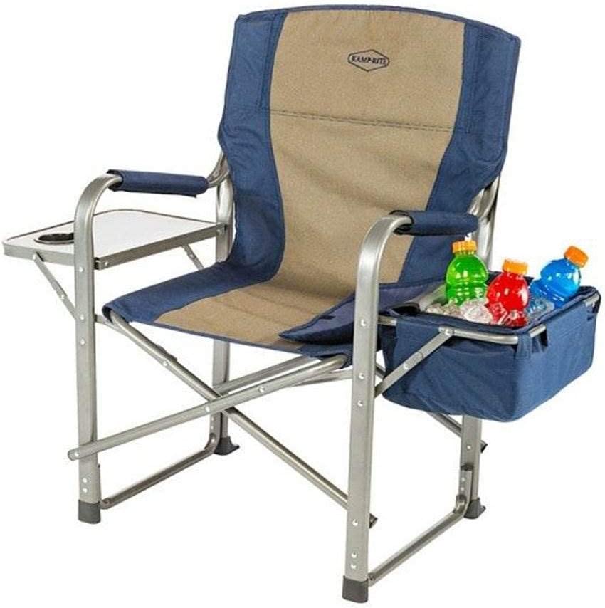 Kamp-Rite Portable Folding Director&#39;s Chair with Cooler, Side Table &amp; Cup Holder for Camping, Tailgating, and Sports, 350 LB Capacity, Navy/Tan