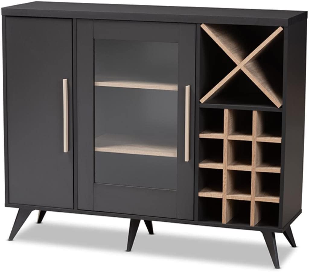 Baxton Studio Pietro Mid-Century Modern Dark Grey and Oak Finished Wine Cabinet