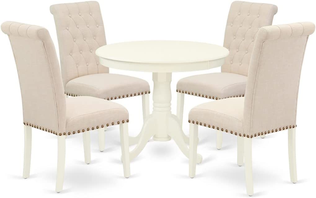 East West Furniture 5Pc Dining Set Includes a Small Round Dinette Table and Four Parson Chairs with Light Beige Fabric, Linen White Finish