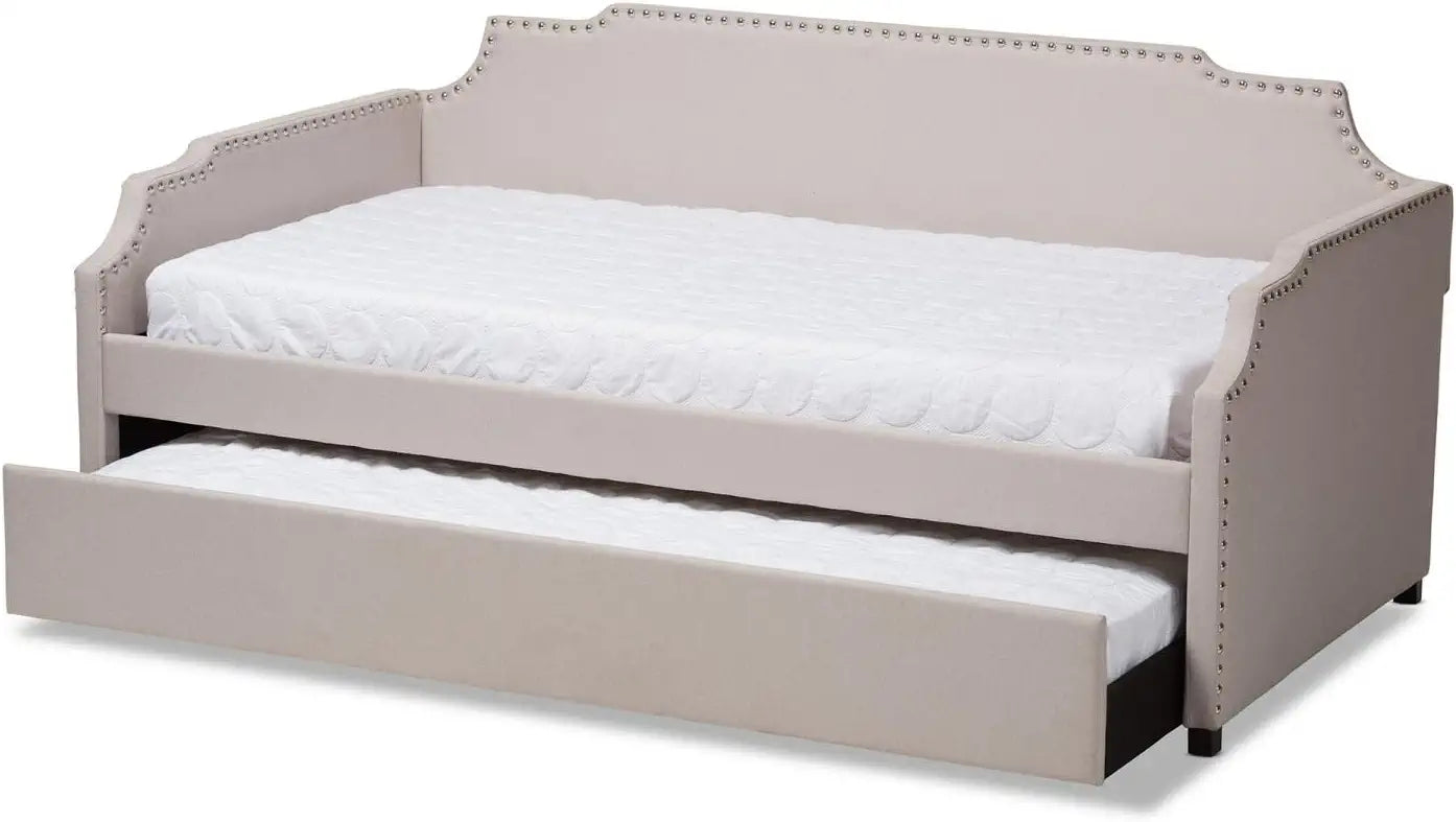 Baxton Studio Ally Modern and Contemporary Beige Fabric Upholstered Twin Size Sofa Daybed with Roll Out Trundle Guest Bed