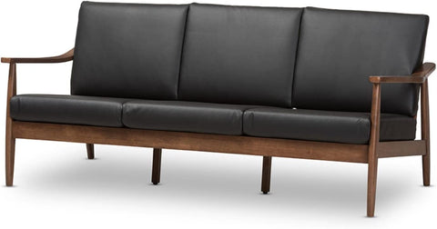 Baxton Studio Venza Mid-Century Modern Walnut Wood Black Faux Leather 3-Seater Sofa