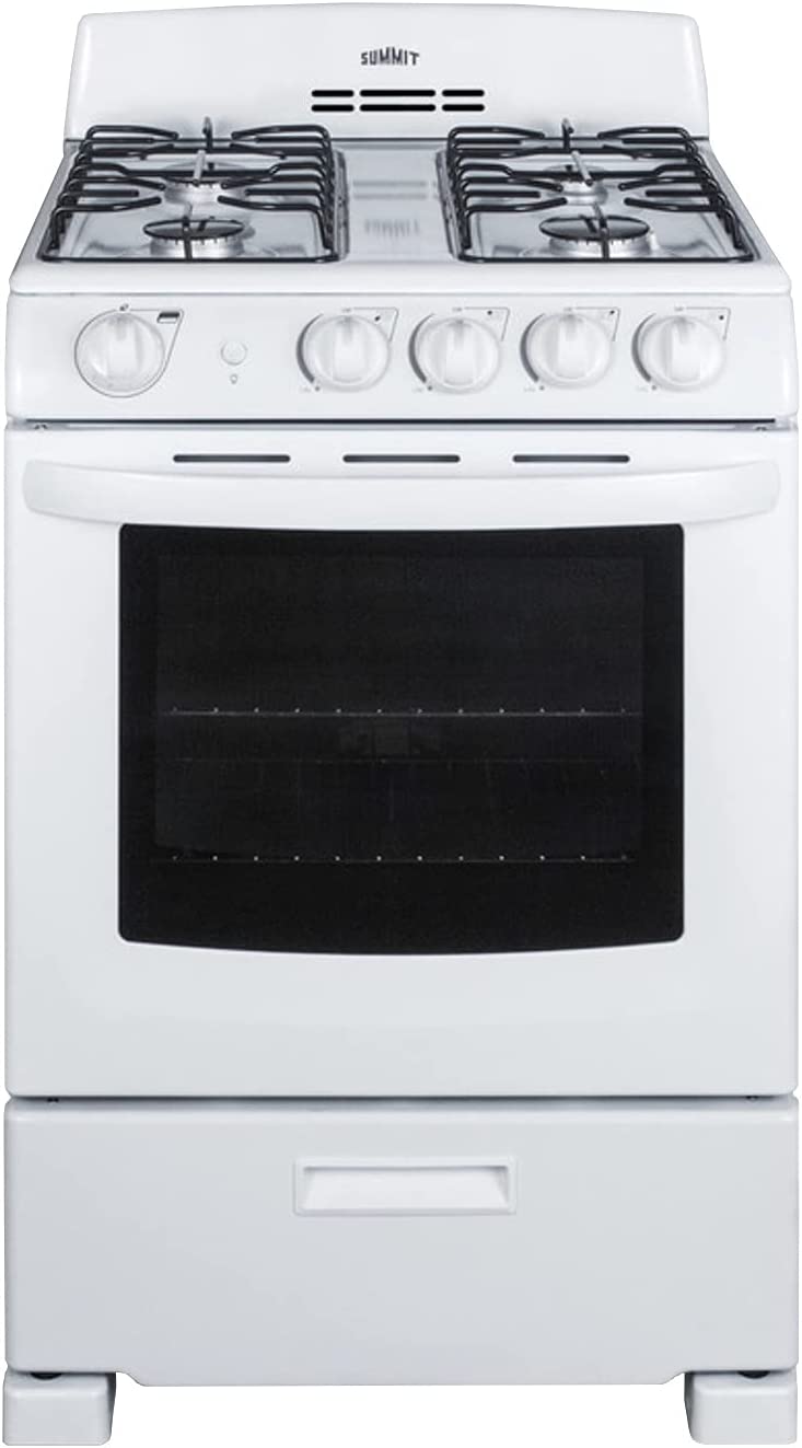 Summit RG244WS 24&#34;&#34; Freestanding Gas Range with 2.9 cu. ft. Oven Capacity Electronic Ignition High Backguard Broiler Drawer Continuous Grates and Safety Brake System for Oven Racks in White