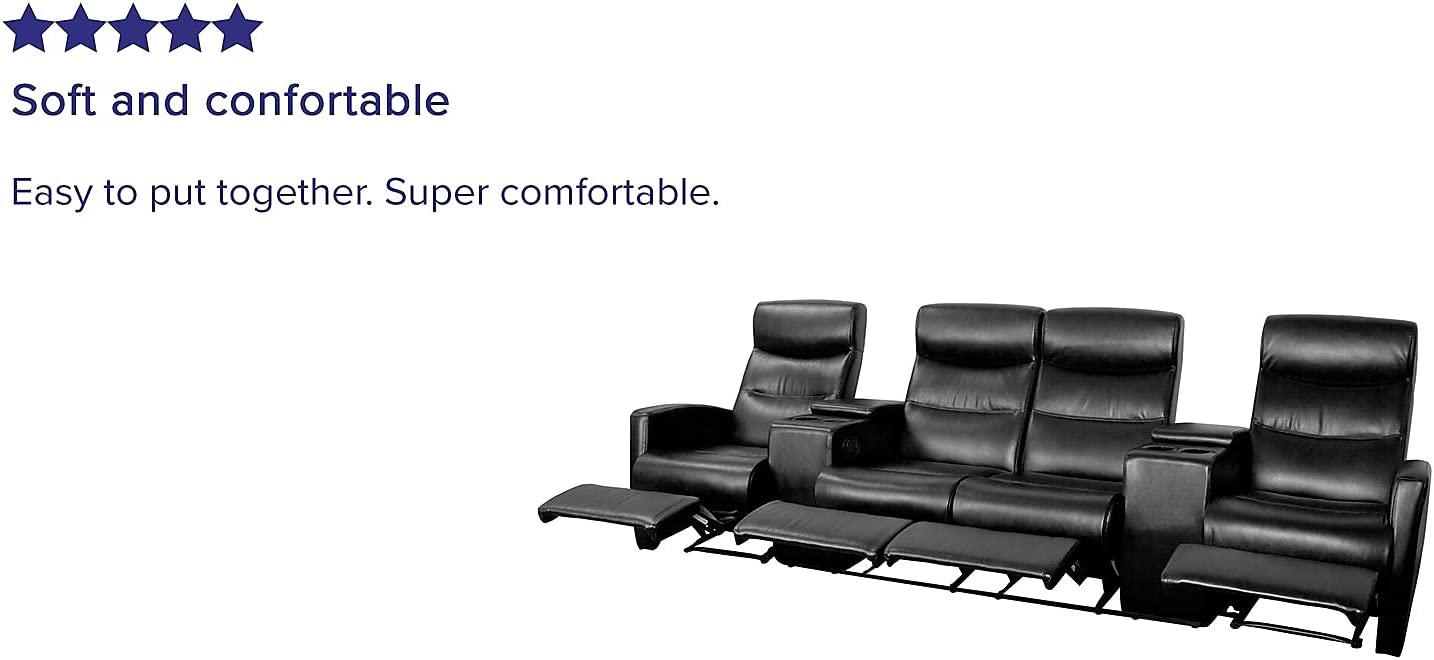 Flash Furniture Anetos Series 4-Seat Reclining Black LeatherSoft Theater Seating Unit with Cup Holders
