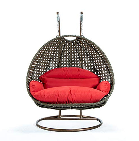 LeisureMod Beige 2 Person Hanging Double Swing Chair, X-Large Wicker Rattan Egg Chair with Stand and Cushion for Indoor Outdoor Patio Garden (Red)