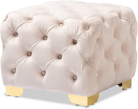 Baxton Studio Avara Glam and Luxe Light Beige Velvet Fabric Upholstered Gold Finished Button Tufted Ottoman