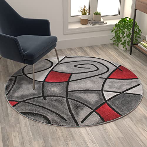 Flash Furniture Jubilee Collection Abstract Area Rug - Colorfast Red Olefin Rug - 5' x 5' Round Area Rug - Jute Backing - Living Room, Bedroom, & Family Room