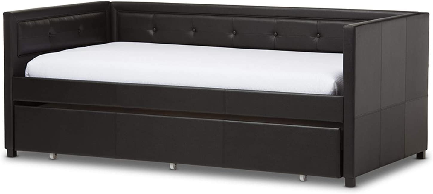 Baxton Studio Frank Modern and Contemporary Button-Tufting Sofa Daybed with Roll-Out Trundle Guest Bed Black