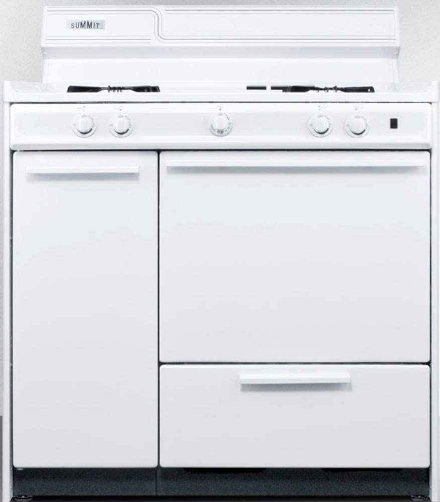 Summit Appliance WNM4307 36&#34; Wide Gas Range in White with Electronic Ignition, Side Storage Cabinet, Broiler Drawer, Broiler Tray, Recessed Oven Door