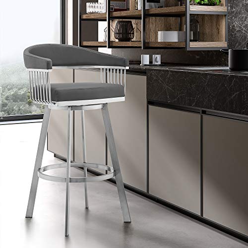 Bronson 30Inch Gray Faux Leather and Brushed Stainless Steel Swivel Bar Stool