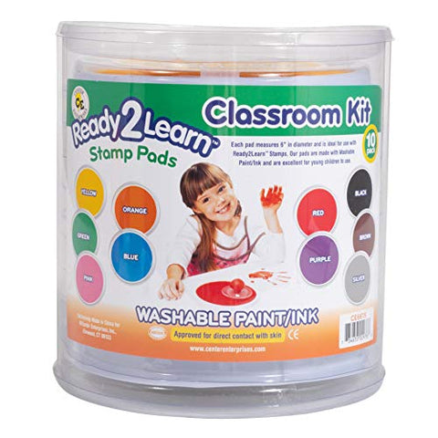 READY 2 LEARN Jumbo Circular Washable Stamp Pads - Classroom - Set of 10 Colors - 5.75&#34; dia. - Non-Toxic - Fade Resistant - Ideal Size for Handprints and Footprints