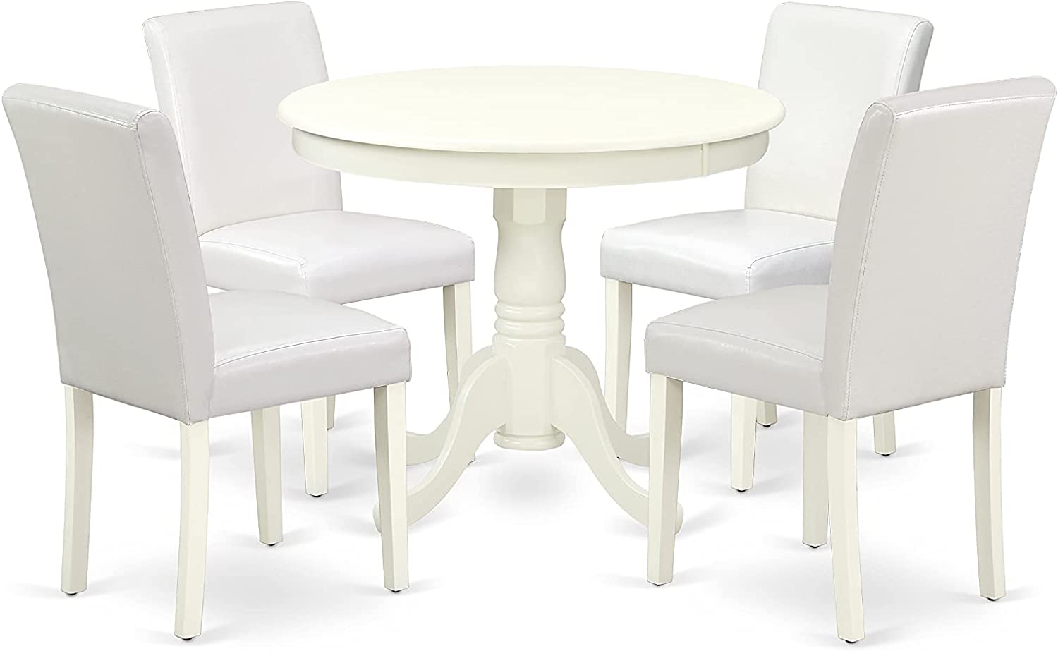 East West Furniture 5Pc Round 36&#34; Table and 4 Parson Chair with Linen Leg and Pu Leather Color White