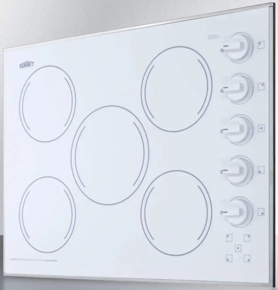 Summit Appliance CR5B274W 27&#34; Wide 230V 5-Burner Radiant Cooktop in Smooth White Ceramic Glass Surface, Stainless Steel Trim, Push-to-turn Knobs, Indicator Lights, E.G.O. Burners