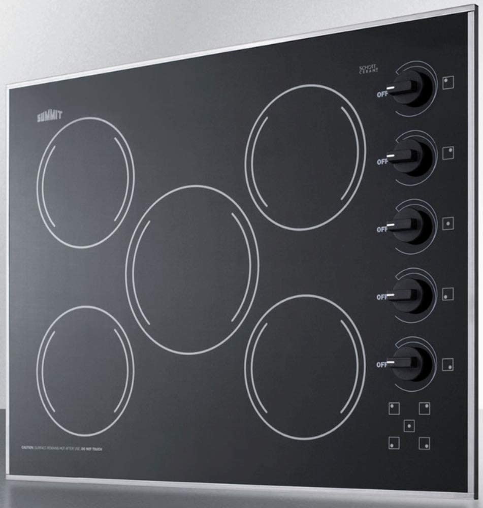 Summit Appliance CR5B273B 27&#34; Wide 230V 5-Burner Radiant Cooktop in Smooth Black Ceramic Glass Surface, Stainless Steel Trim, Push-to-turn Knobs, Indicator Lights, E.G.O. Burners