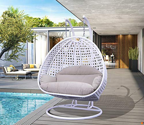 LeisureMod 2 Person Hanging Double Swing Chair, X-Large White Wicker Rattan Egg Chair with Stand and Cushion for Indoor Outdoor Patio Garden (Taupe)