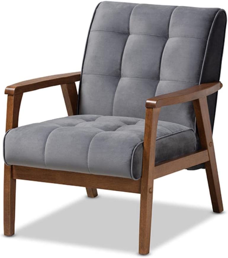 Baxton Studio Asta Mid-Century Modern Grey Velvet Fabric Upholstered Walnut Finished Wood Armchair