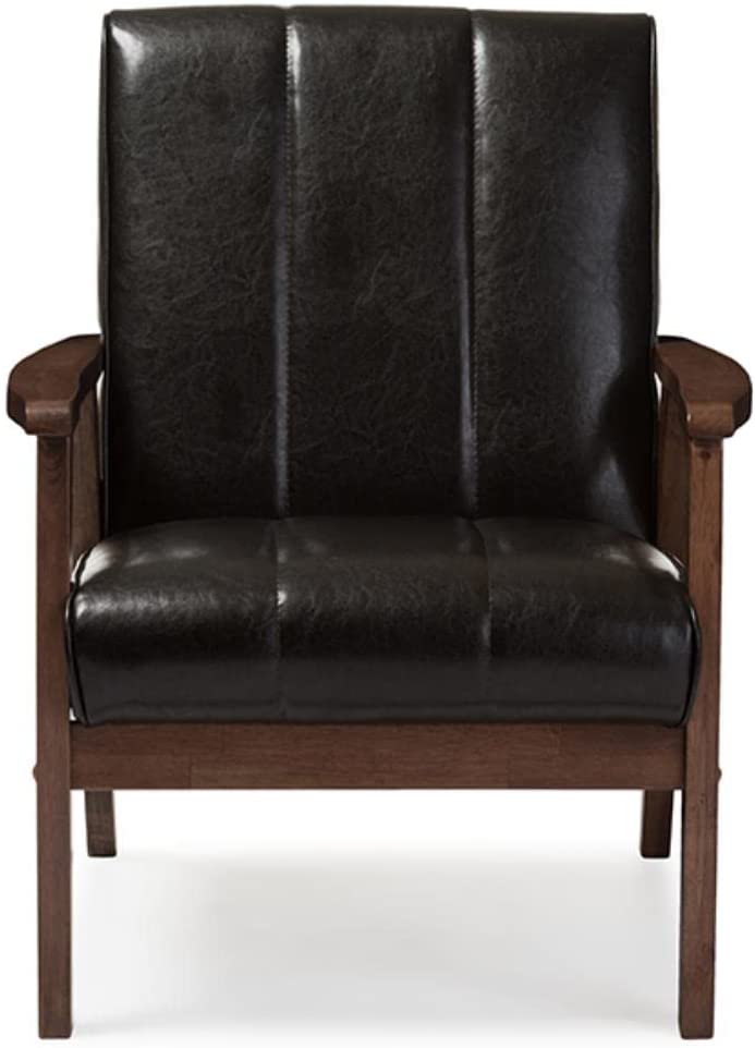 Baxton Furniture Studios Nikko Mid-Century Modern Scandinavian Style Faux Leather Wooden Lounge Chair, Medium, Dark Brown